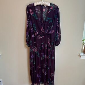 Calvin Klein 14W Deep Wine Floral Chiffon Faux‑Wrap Dress NWT